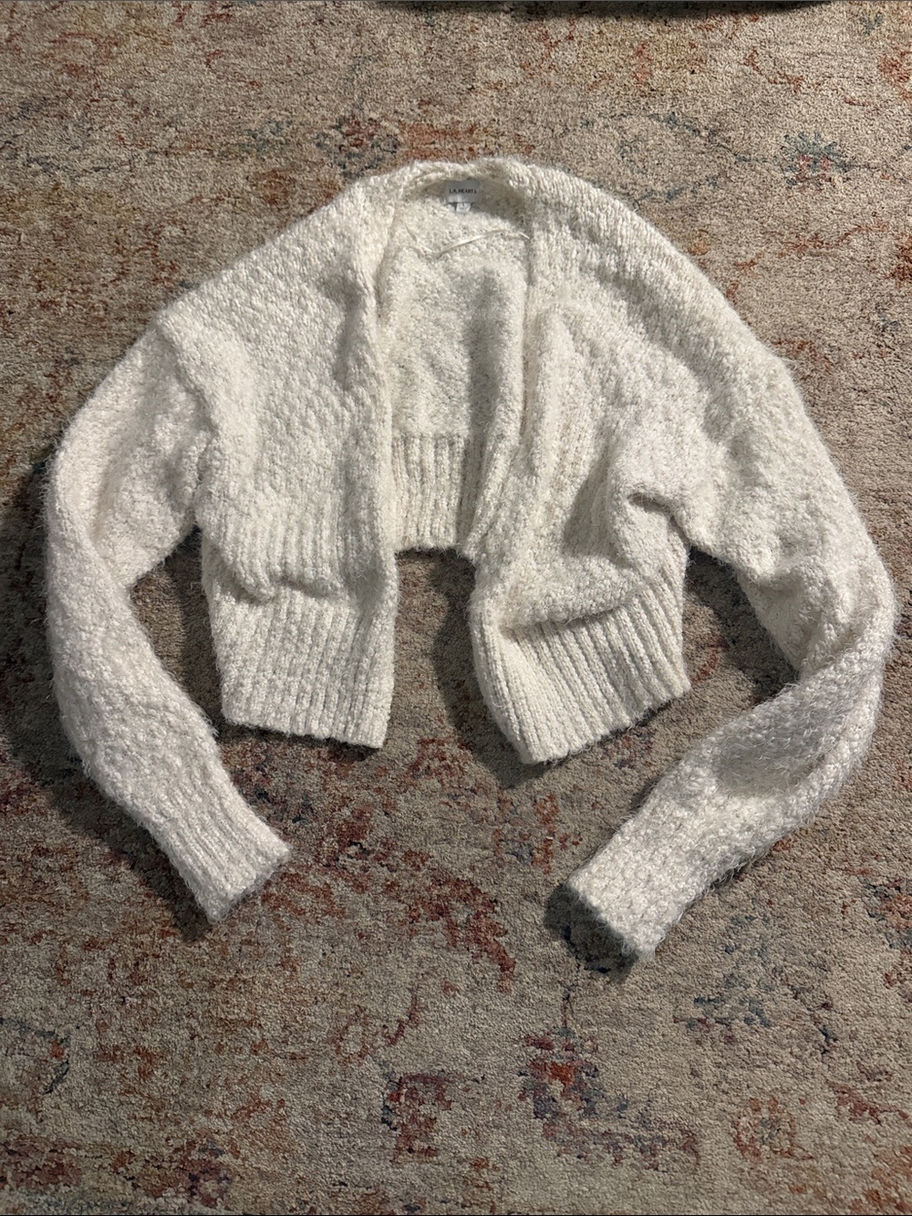 La Hearts Cream Cropped Bouclé Cardigan